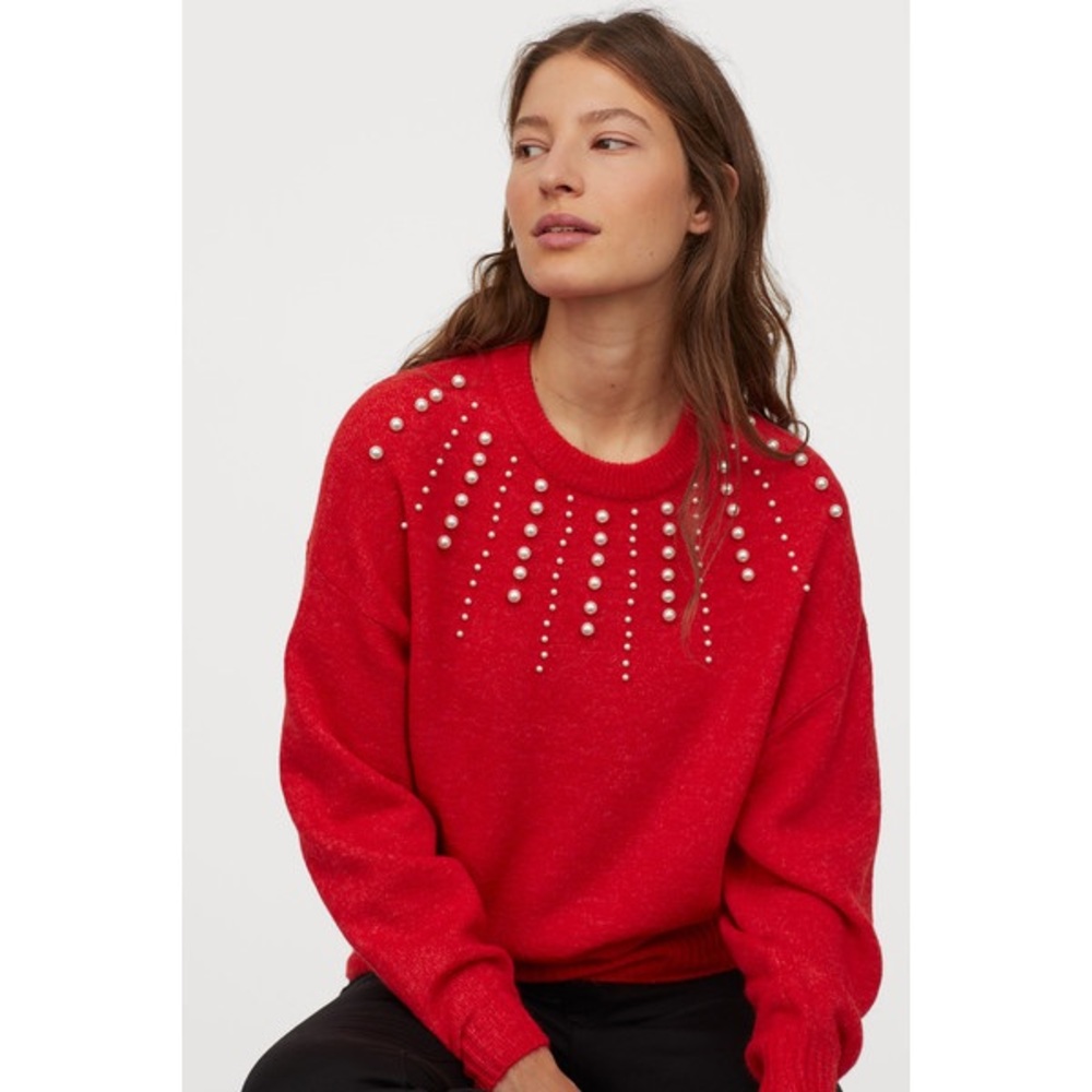 H&M Red Pearl Accented Long Sleeve Sweater